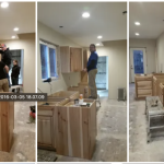 Progressive kitchen cabinet installation in shipping container home showing transformation from bare walls to finished cabinetry